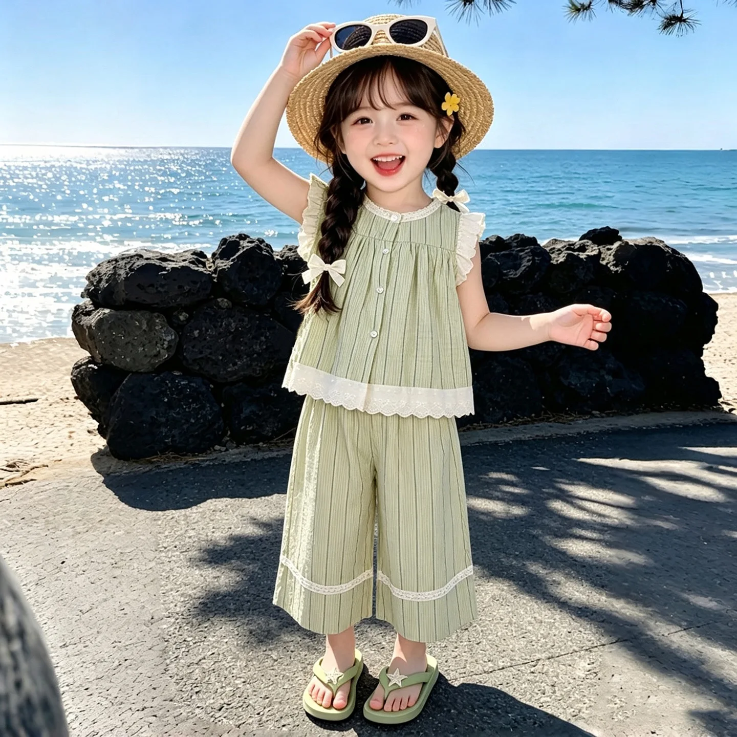 Girls Ruffle Flutter Sleeve Set Summer 2026 New Stylish Baby Girl Korean Outfit Summer Clothes Fashion Two Piece Set