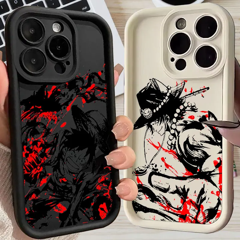 

Ones Anime P-Piece Red Black Phone Case For iPhone 11 12 13 14 15 16 Pro Max Thicken Silicone Case For iPhone 16 Plus Soft Cover