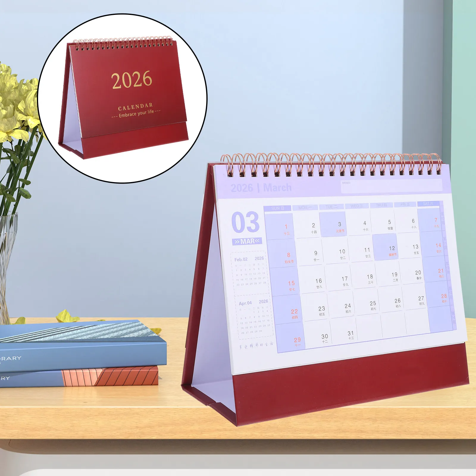 

2026 Standing Desk Calendar Foldable Modern Design Thick Paper Daily Planner for Scheduling Office School Home Use Dark Red