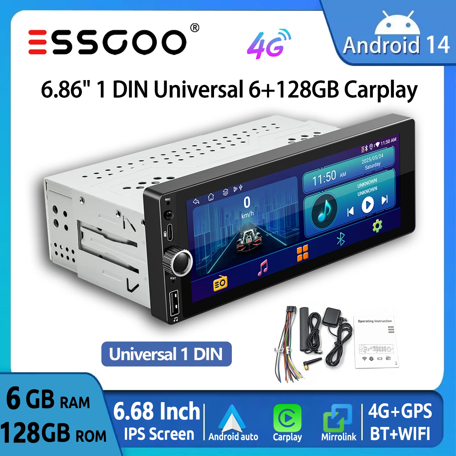 ESSGOO simple 1 DIN 6.86 "Android 14 6 + 128G universel autoradio CarPlay Android Auto BT USB type-c 4G Wifi AM FM GPS Navi