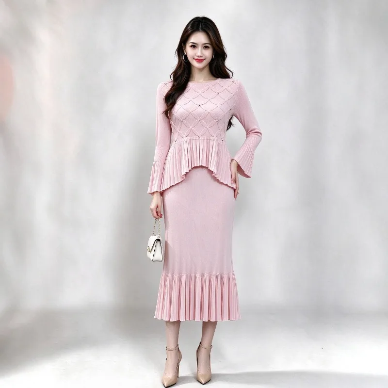 Pleated Skirt Set Women Pleats 2026 Autumn New Slim Fit Bouncy 2-Piece Set Fold Beaded Diamond Pattern Flared Sleeve Top+Skirt
