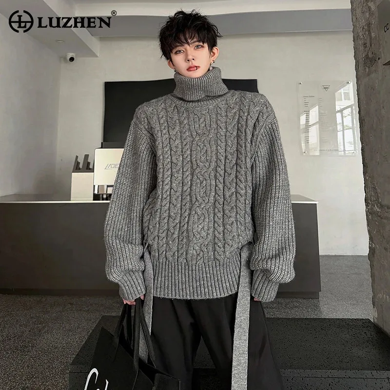 LUZHEN 2026 Winter Solid Color Ribbon Decorate Weave Pattern Knitted Turtleneck Pullover Men Fashion Solid Color Sweater JY9203
