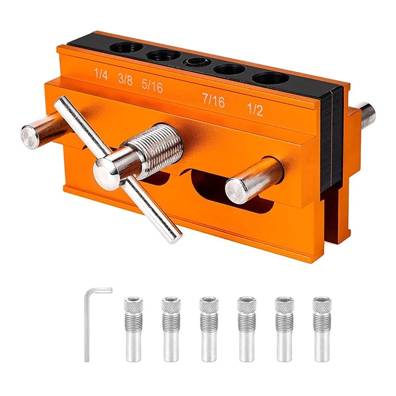 

Self Centering Doweling Jig, for Straight Holes, Adjustable Width Woodworking Locator Set with 6 Drill Guide Bushings