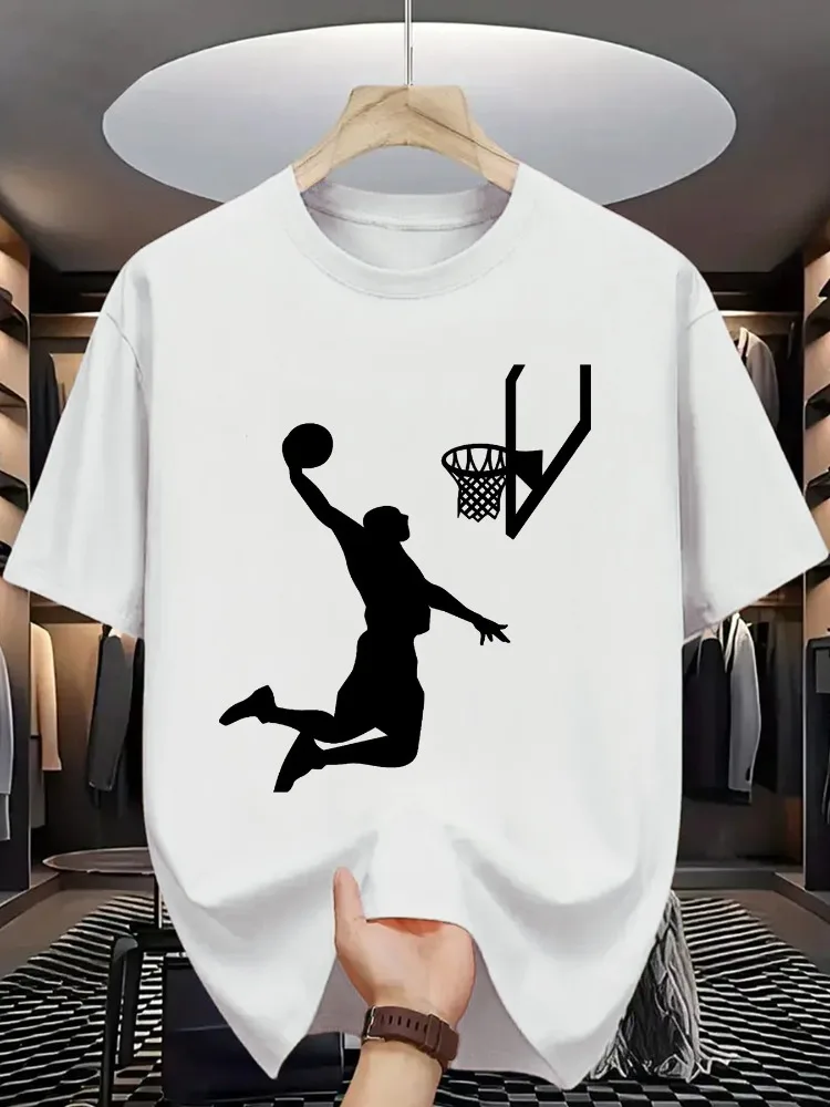 Mens Round Neck Tee Dunk Basketball Player Silhouette Print Light Cotton Sports Outdoor Training Daily Casual Short Sleeve Top