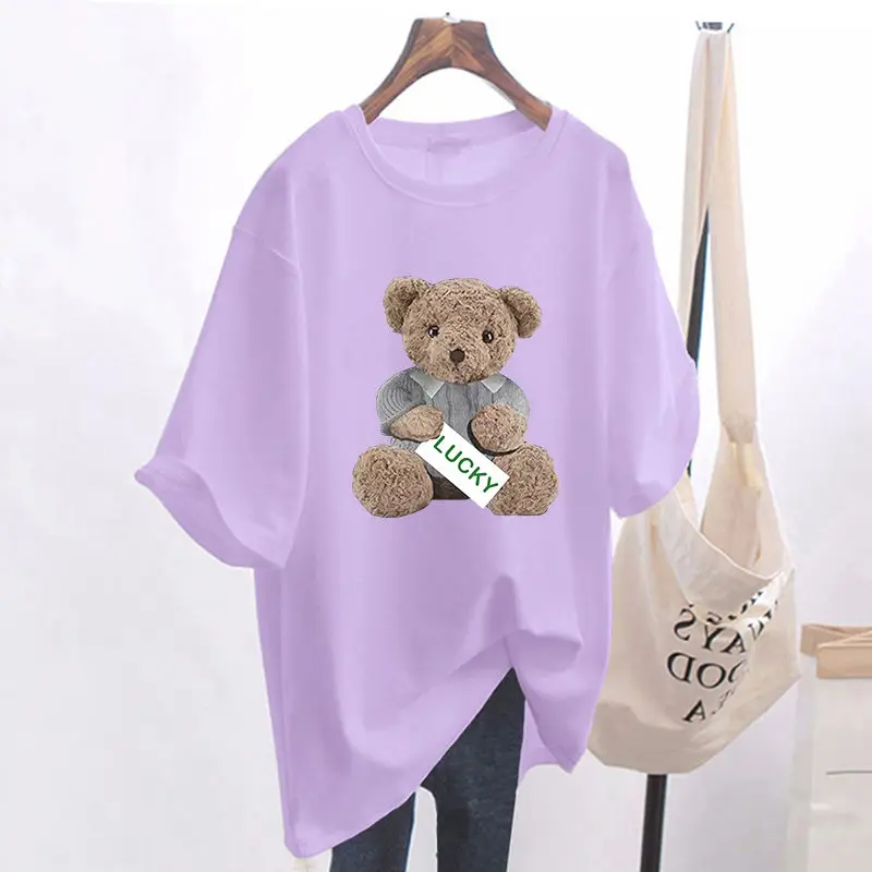 Summer Fashion Animal Bear Print Basic T-shirts Women Casual Pure Cotton O-neck Short Sleeve Top Tee Office Lady Loose Pullovers