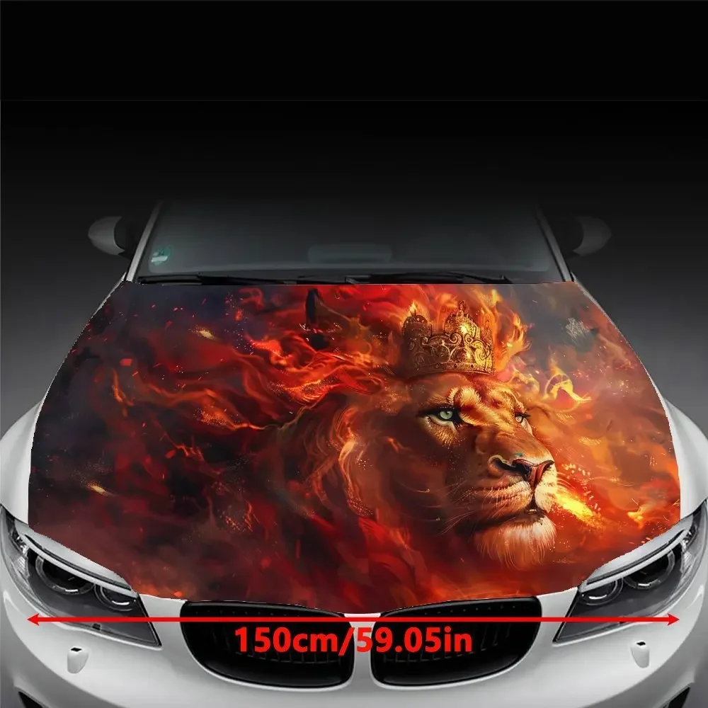 Vibrant Fire Lion Car Hood Vinyl Wraps Sticker, Cool Car Engine Decal, Waterproof Self-adhesive Car Packaging Cover, Universal C