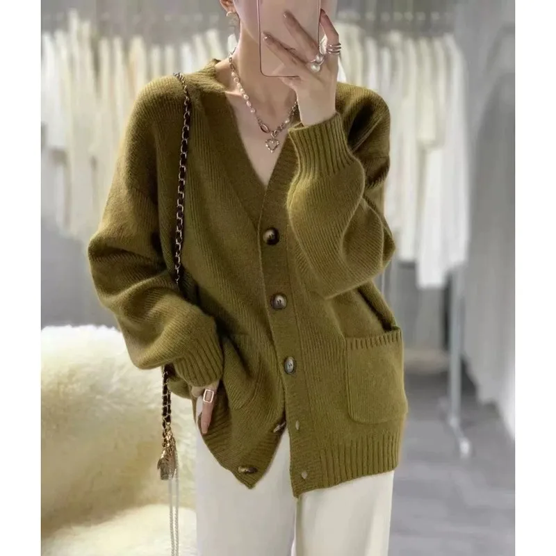 

European cardigan women's high-end 100% pure cashmere sweater senior sense loose soft waxy lazy wind sweater coat