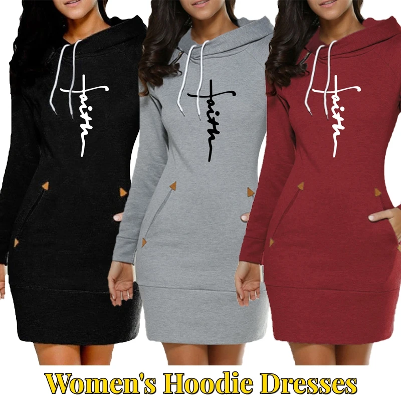 

Autumn Winter Fashion Sweatshirt Dresses for Women Pocket Hooded Casual Dress Solid Color Long Sleeve Mini Dress