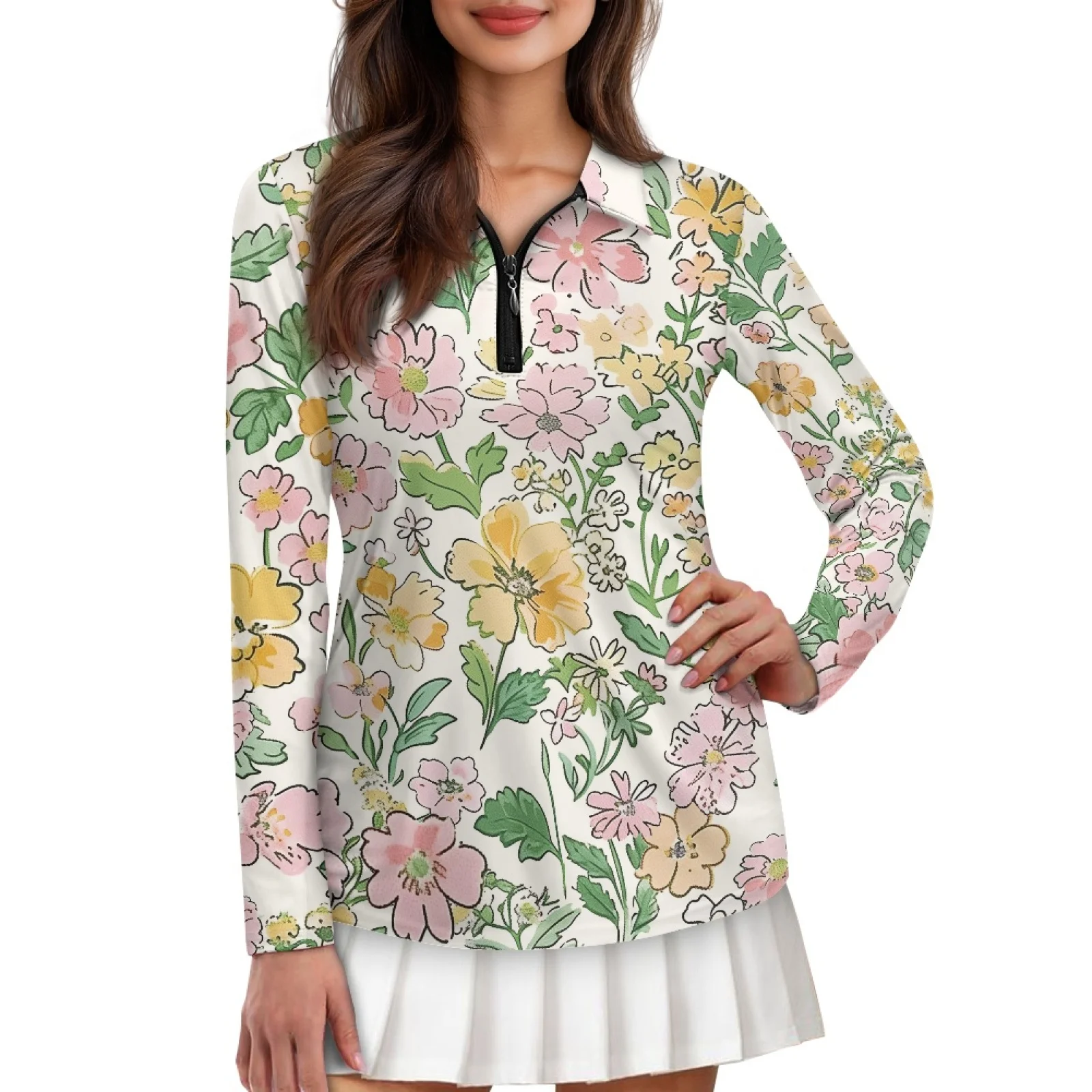 PENSTROLL Flowers Womens Machine Washable Tennis Polo Tops Quarter Zip Golf Tops for Hiking