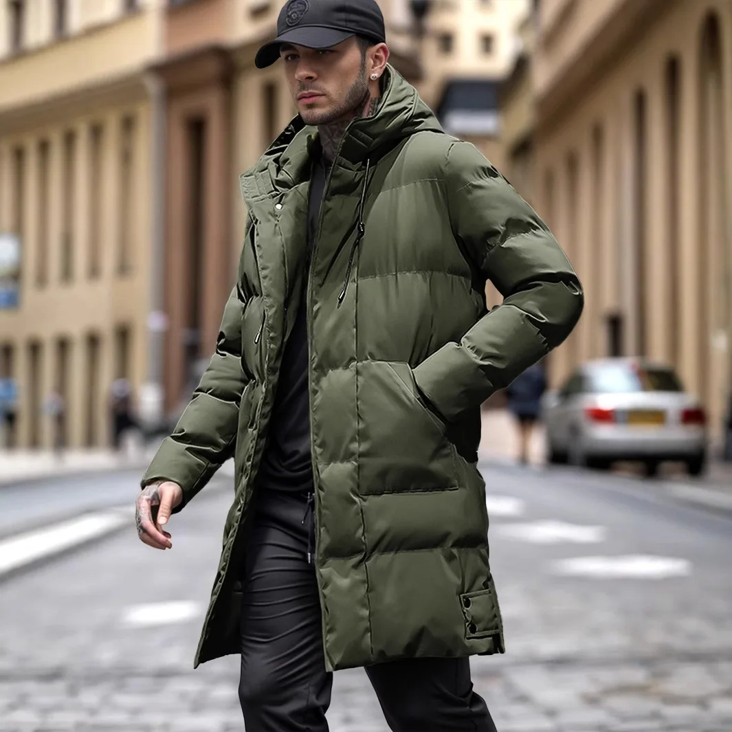 

Winter Men Jacket Fashion Thicken Cold-proof Solid Color Male Down Coat Mid Length Long Sleeve Pocket Hooded Man Outerwear