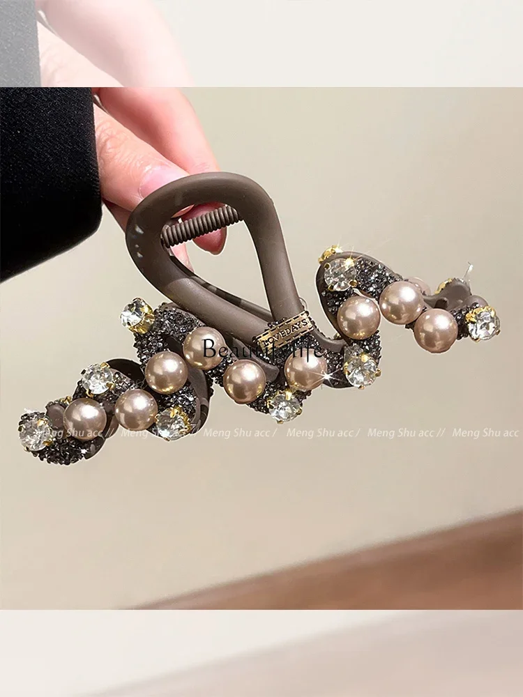 Korean Style Pearl Rhinestone Wave Grip for Women, Large Back Head Updo Shark Clip, 2023, New