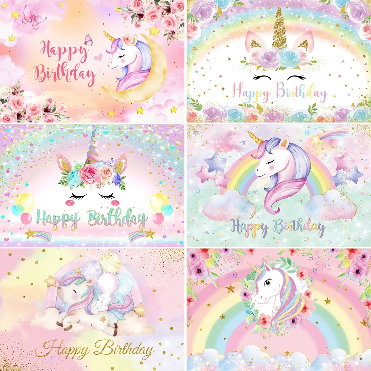 

Laeacco Rainbow Unicorn Happy Birthday Photo Backdrop Dreamy Shiny Star Backgrounds Banner Baby Shower Party Photographic Decor