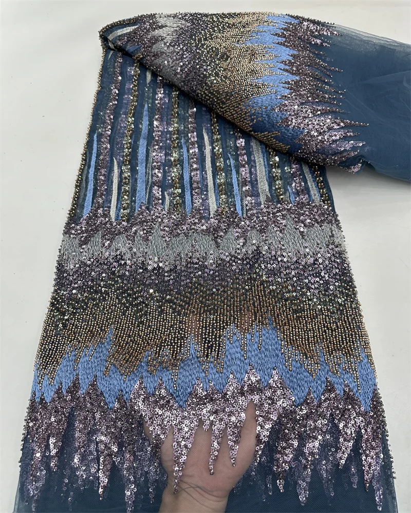 Tecido africano de renda frisado à mão para vestido de casamento feminino, bordado nigeriano, lantejoulas coloridas, luxo, alta qualidade