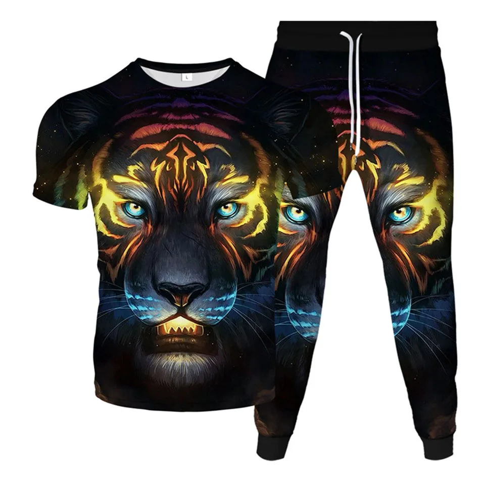 Fashion Animal Tiger 3D Print Men Sportswear Set Casual Short-Sleeved T Shirt Pants 2-Piece Set Oversized Pullover Men Clothing