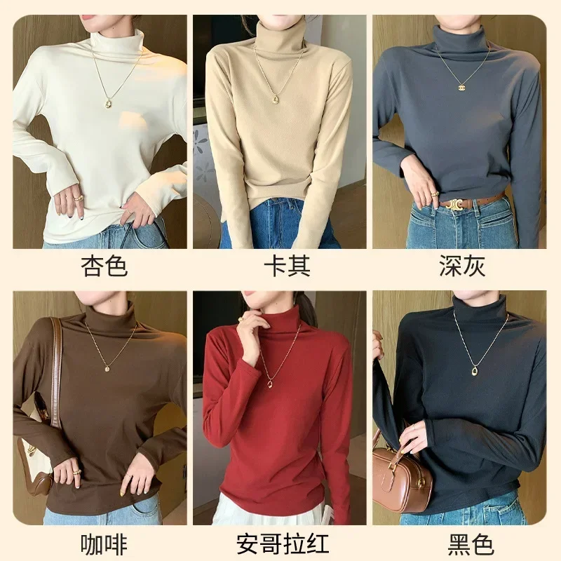 High neck micro velvet base shirt autumn and winter inner layer thick double-sided brushed pile collar long sleeved women's top