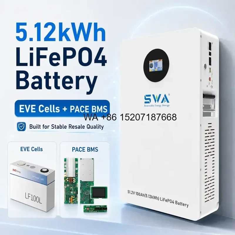 Wmwmnu 5.12Kwh 51.2V 100Ah LiFePO4 Battery with Real EV Grade A New Cells for PACE BMS Wall Mounted Energy Storage Lithium