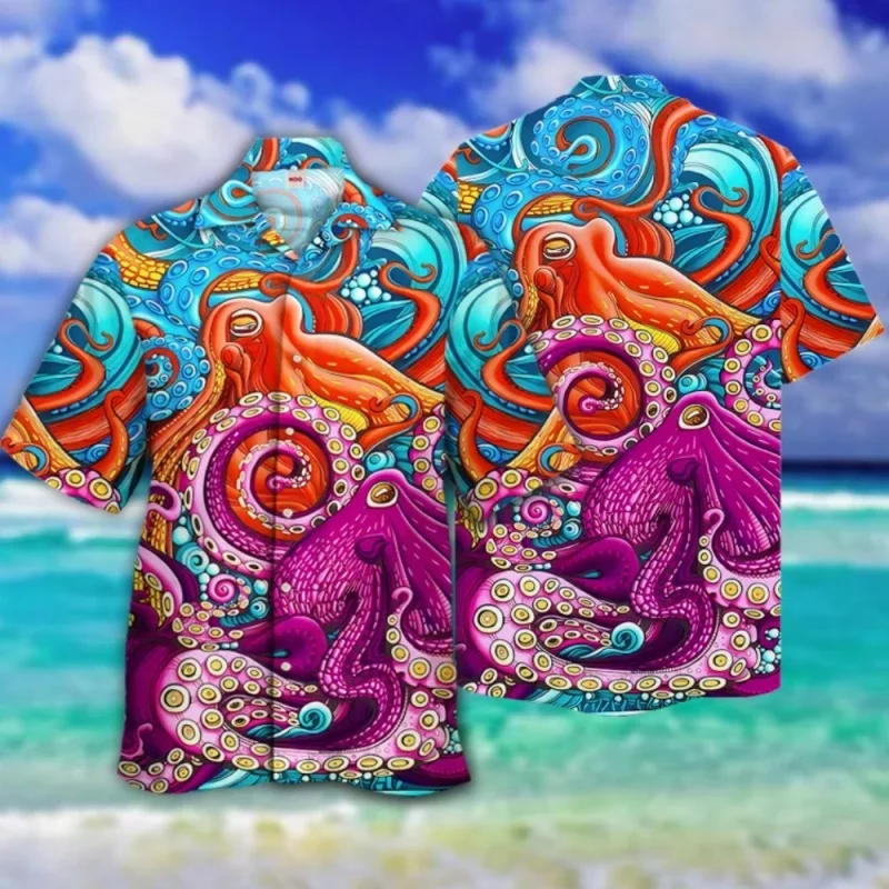 Colorful Tentacles Graphic Beach Shirt For Men Marine Animal 3D Print Hawaiian Shirts Summer Vacation Loose Short Sleeve Blouse