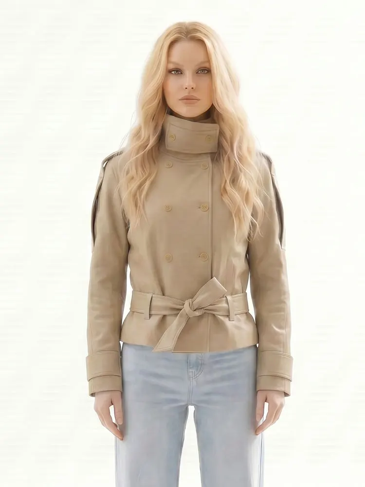 HH Eleganter Damen-Khaki-Mantel mit Doppelreihigem Knopfverschluss und Gürtel für Frühling Alltagsjacke Lässige High-Street-Jacke mit Langen Ärmeln Oberbekleidung