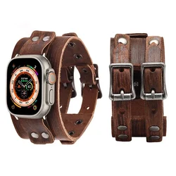 Genuine Leather Strap For Apple Watch Ultra 2 Band 44mm 40mm 45mm 41mm 49mm Double Metal Buckle bracelet iWatch series 3 7 8 9