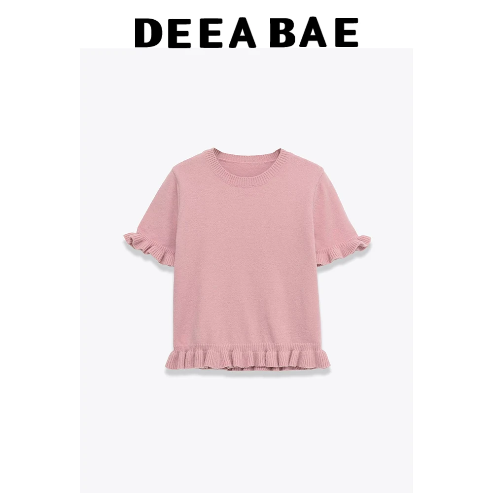 DEEABAE 2025 invierno nueva mujer Casual Simple cuello redondo manga corta apilado camisa de punto decorativa