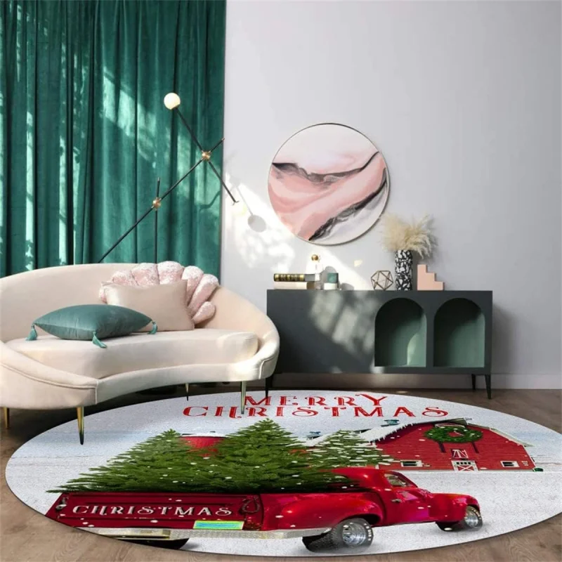 Round Christmas carpet, red vintage go kart, living room decoration, bedroom, kitchen, corridor, flannel floor mat 75X75cm