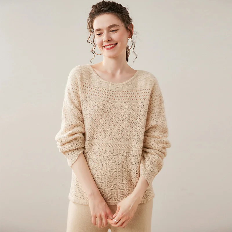 Spring Summer Women Hollow Pullover 100% Cashmere Sweater O-Neck Thick Simple Soft Luxury Grace Style Clothing High Quality