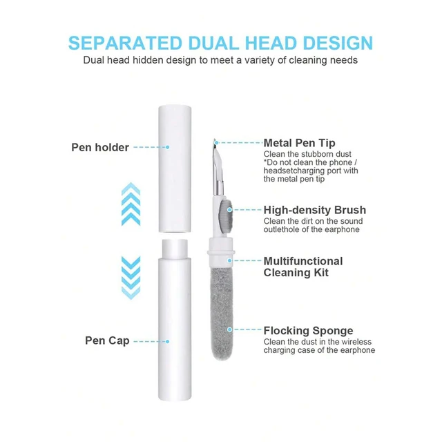 Caneta de limpeza portátil para fones de ouvido, cabeça de escova macia, ferramenta multifuncional para remover poeira, para fones de ouvido sem fio, bluetooth, câmera