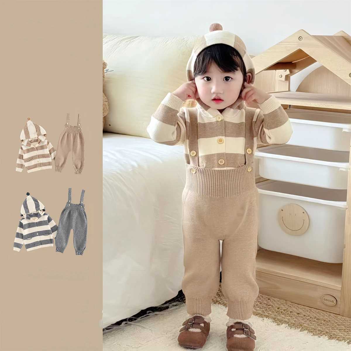 

2025 Autumn Toddler Boys Two-piece Set Knit Striped Hoodie Newborn Boys Long Sleeves Top Elastic 1-3Y Baby Boys Backpack Pants