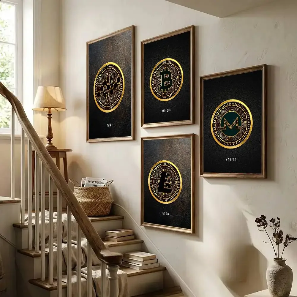 Abstract Golden Bitcoin Monero Cardano Canvas Painting Nordic Modern Wall Art