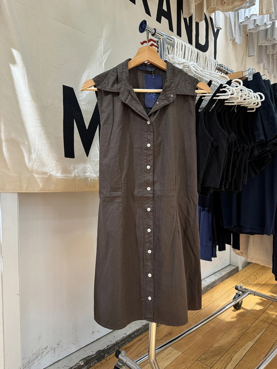 Vintage Gestreepte Bruine Shirt Jurk Vrouwen Revers Single Breasted Cottob Mouwloze Slanke Vestidos Solid Sweet Lace-up Midi Jurk nieuwe