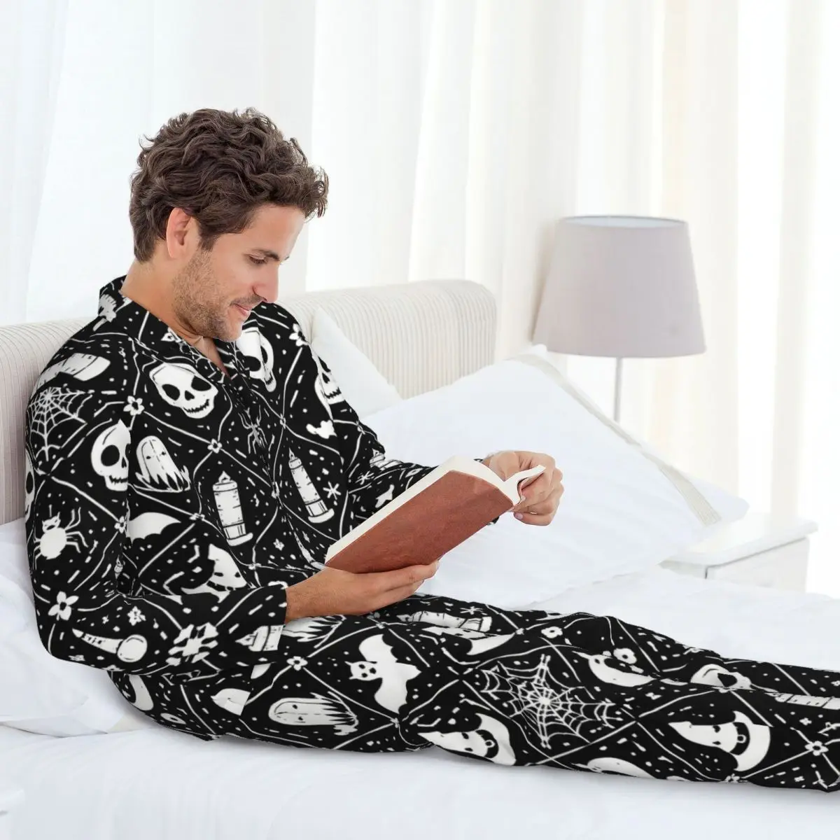 Male Pajama Sets Winter Sleepwear Spooky-halloween-pattern Funny Adult Pajamas