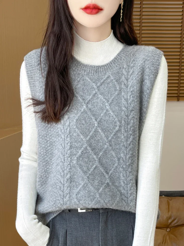 

2025 Autumn Winter Women Cashmere Sweater Vests Twist Flower Pullover Wool Knitwear Sleeveless Grace Female Clothing Tops