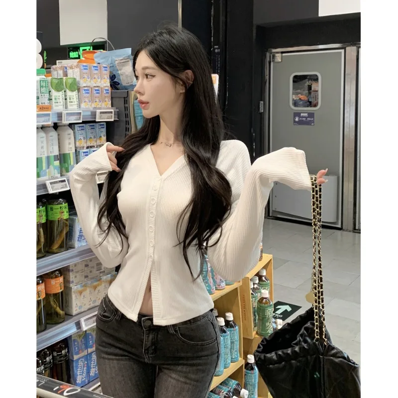 Slimming High Waist Open Cardigan Women's Casual Inner Wear T-shirt Korean Style Vintage Button up Top City Walk Standard Fit...