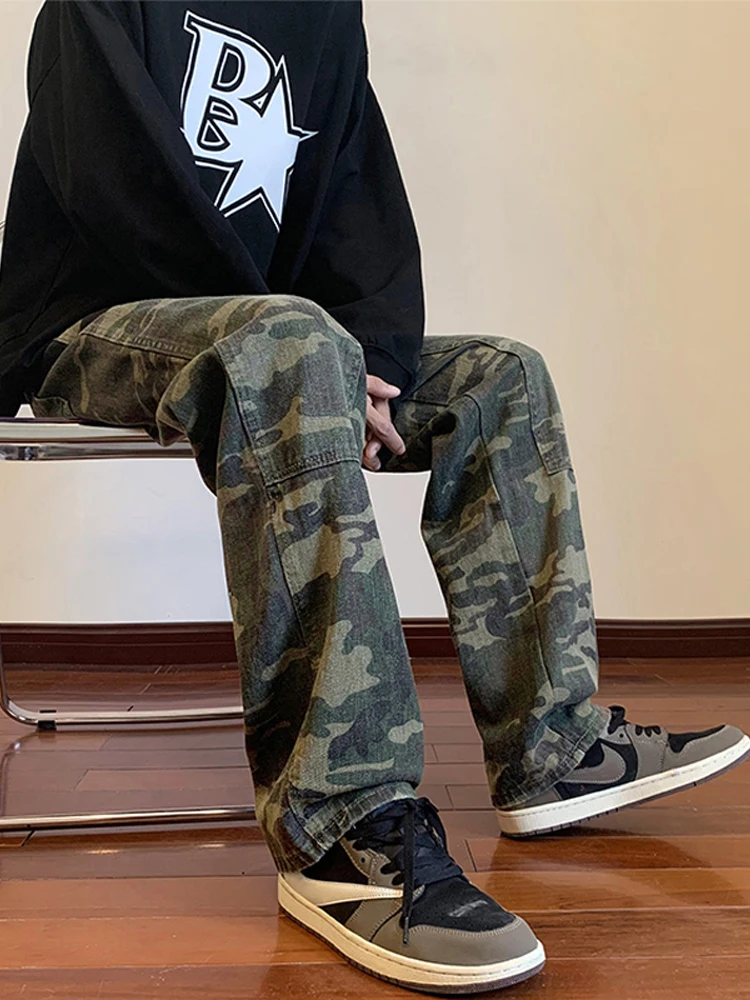 

American Hiphop Camouflage Jeans Men's Trendy Brand Haome Straight Workwear Pants High Street Vibe Youth ular Long Trou...