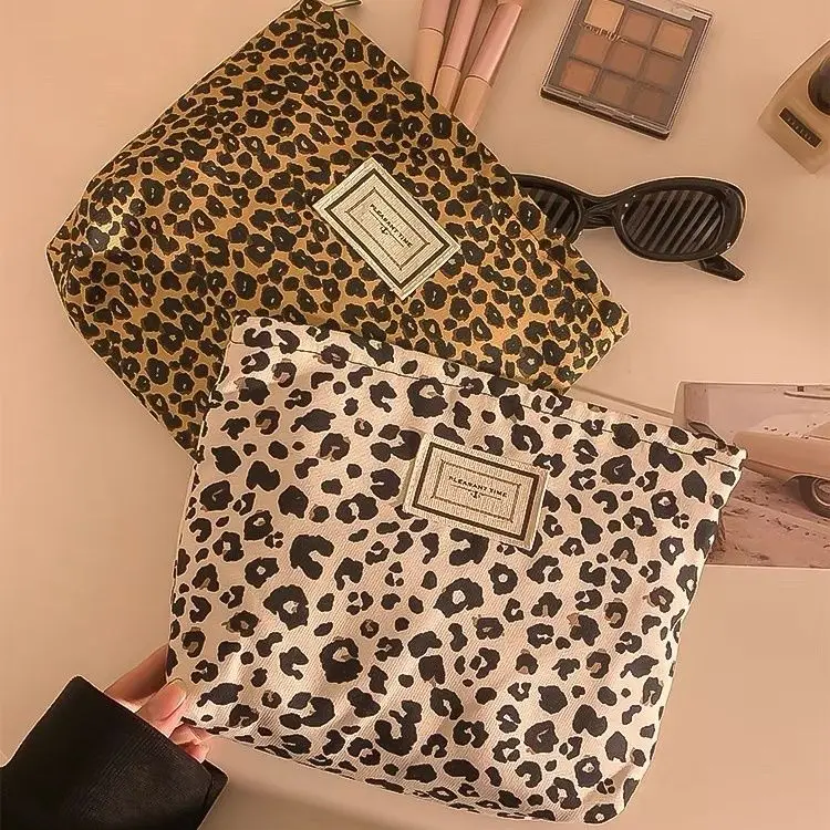 Leopard Print Canvas Makeup Bag For Women, Portable Travel, Skincare Products, Lipstick Storage Bag, Toiletry Bag