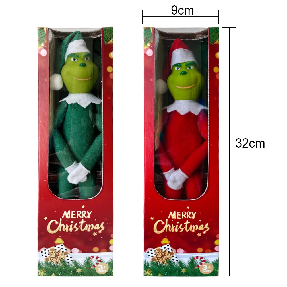 مجموعة علب هدايا عيد الميلاد، زخرفة دمية قزم Grinch Green، ديكور معلق للعطلات
