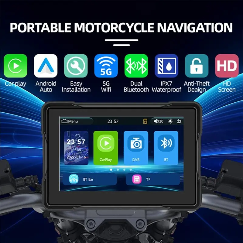 Wireless 5Inch Motorcycle Navigation Screen Android Auto Carplay MP5 Player Waterproof Portable Display