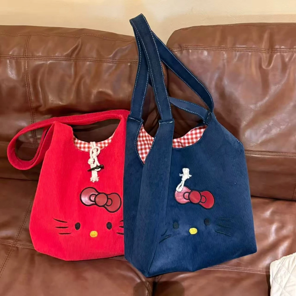 

Милая сумка через плечо Hello Kitty, большая вместительная вельветовая сумка с вышивкой, стильная сумка-тоут с пряжкой