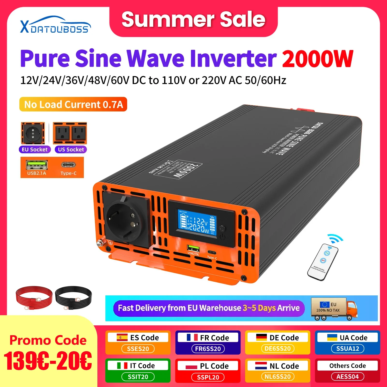 DATOUBOSS PSW Inverter 12v 220v 2000w DC 12V 24V 36V 48V 60V to AC 110V-220V Peak Power 4000W Internal Heat Dissipation TypeC