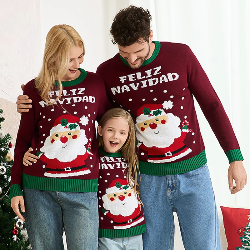 

Рождественский свитер с цветными блоками, семейный комплект, пурпурный Санта-принт, унисекс, одинаковый праздничный трикотажный свитер для взрослых и детей, женский свитер