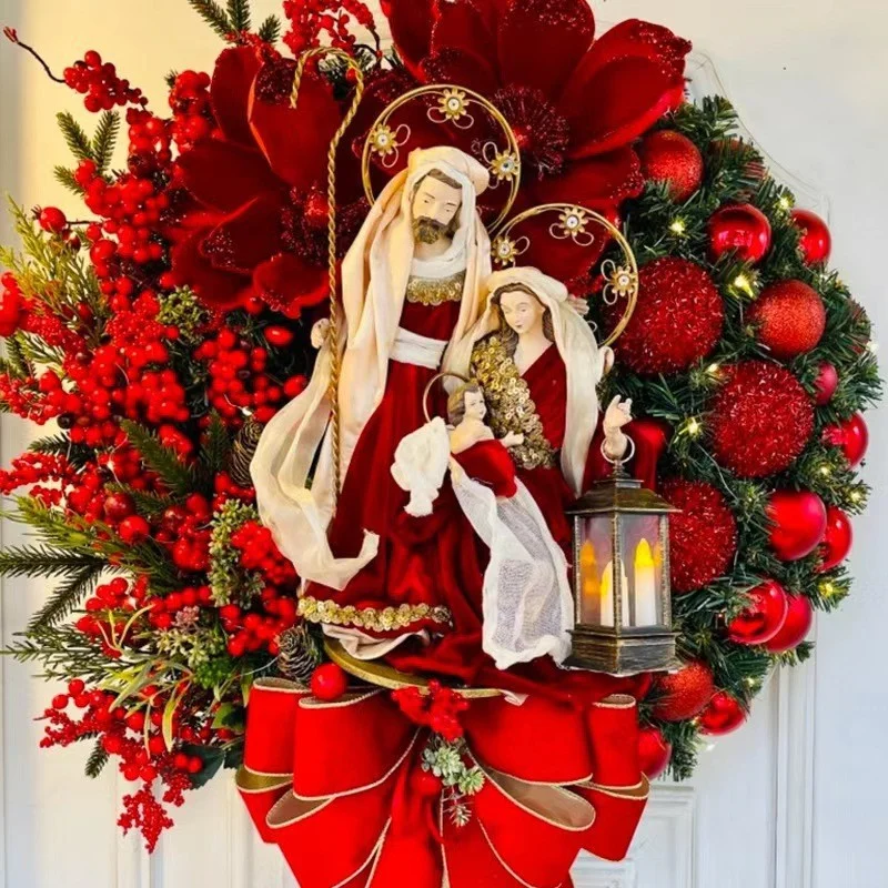 Corona navideña de Jesús de 40CM para puerta delantera, corona de bayas rojas 2D de madera, adorno de Navidad, decoración colgante de pared para ventana, corona de María Jesús