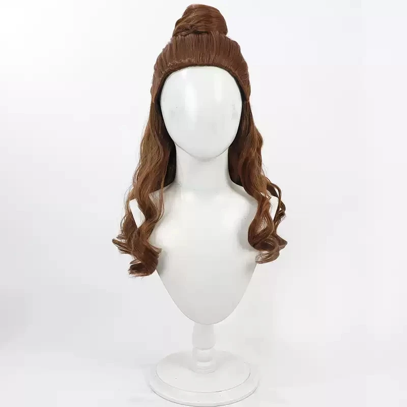 2024 New Type Princess Belle Cosplay Wig Emma Waston Long Brown Wavy Ponytail Heat Resistant Synthetic Hair Halloween Costume
