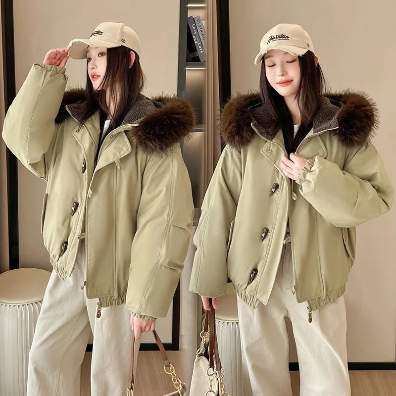 سترة نسائية شتوية جديدة من القطن ذات ياقة كبيرة من القطيفة ملابس خارجية فضفاضة بأزرار وأكمام طويلة وغطاء للرأس #3