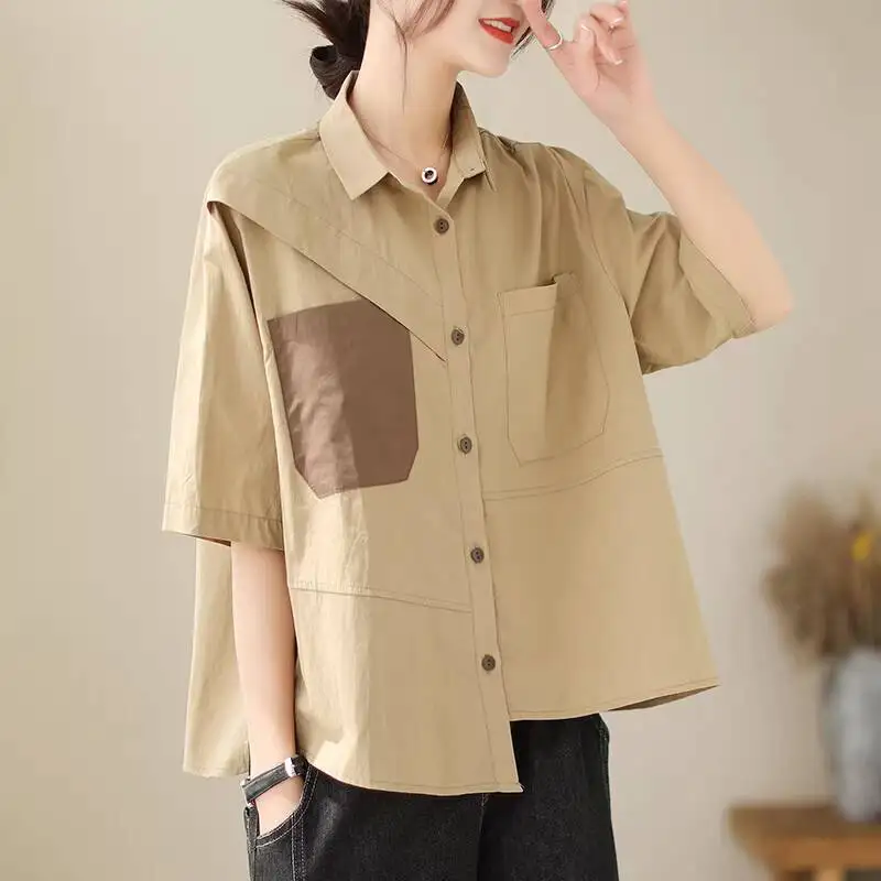

2026 New Summer Women's Cargo Short Sleeve Shirt Irregular Design Loose Plus Size Top With Unique Style For Daily Casual