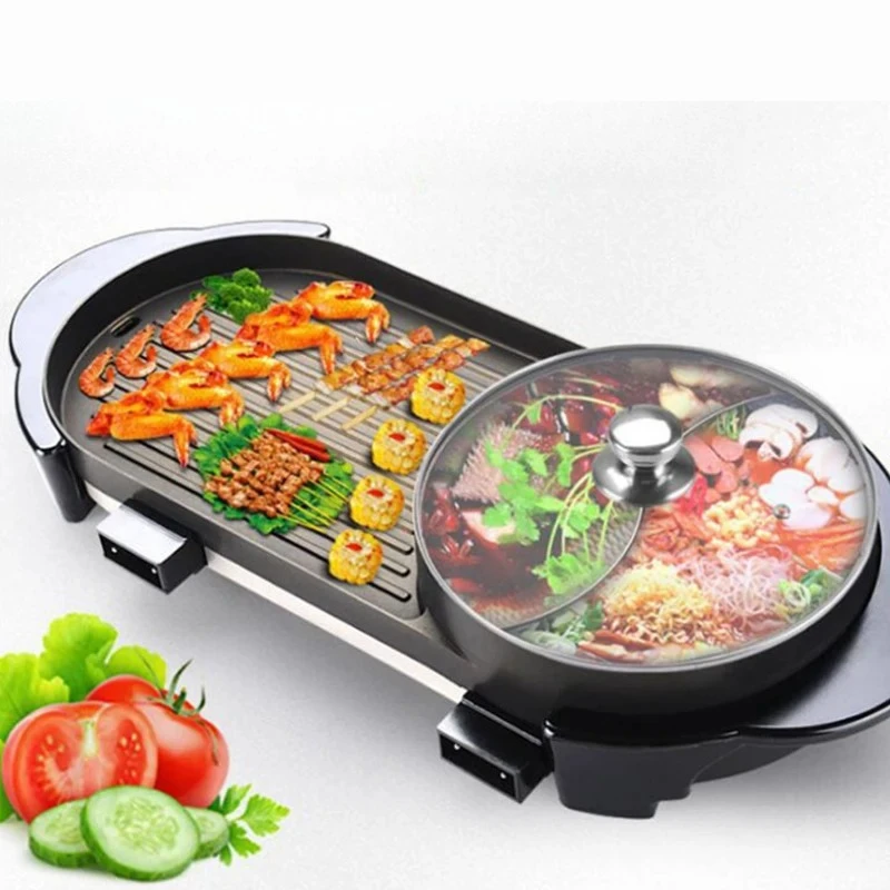 2 In 1 Electric Grill Hot Pot Combo Non-Stick BBQ Griddle Shabu Shabu Pot Dual Temperature Control Barbecue Hotpot Cooker