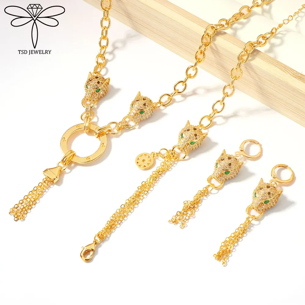 

Dubai Zirconia Leopard Jewelry Set 21k Gold Plated Arabic Elegant Panther Necklace Bracelet Earrings Italian Hip Hop Jewelrys