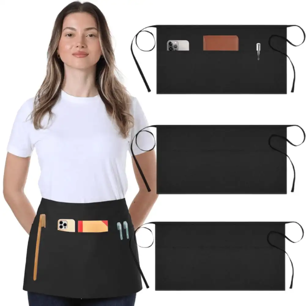 

3 Pack Server Aprons with Pockets, Half Waist Apron, Water Oil Stain Resistant Waitress Waiter Apron Waist Aprons Bistro Apron