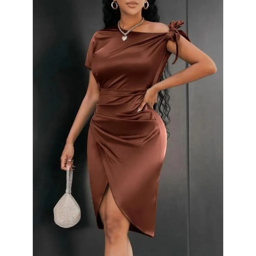 

Off Shoulder Pleated Dress Slim Fits Sexy Bodycon Dress Women Short Sleeve Solid Color High Waist Midi Sheath Dress