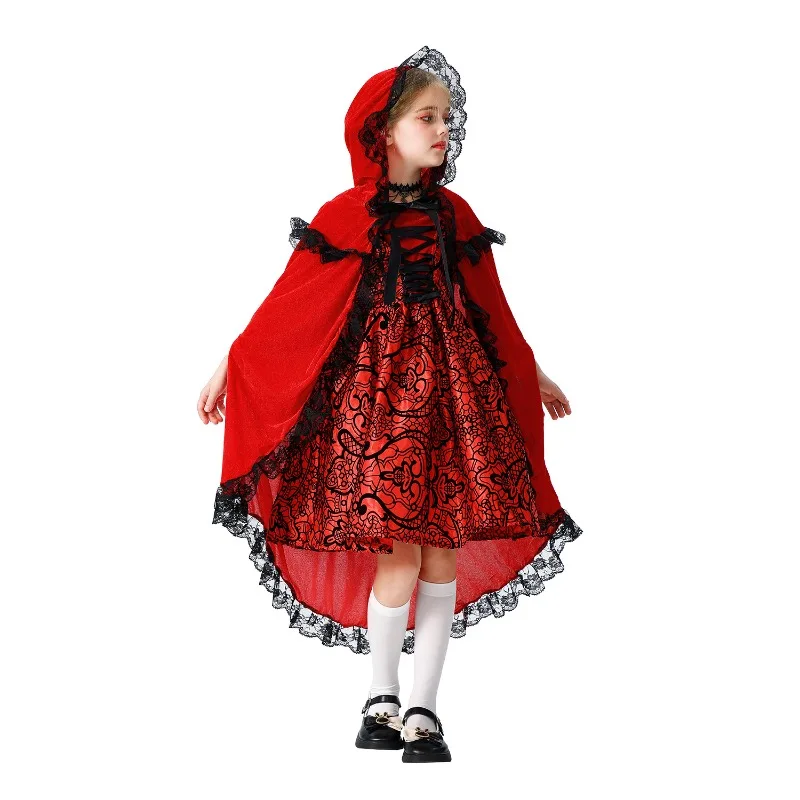 أزياء الهالوين للأطفال لعيد الميلاد ذات الرداء الأحمر الصغير وعباءة شال على الطراز الريفي للفتيات أزياء سندريلا التأثيرية