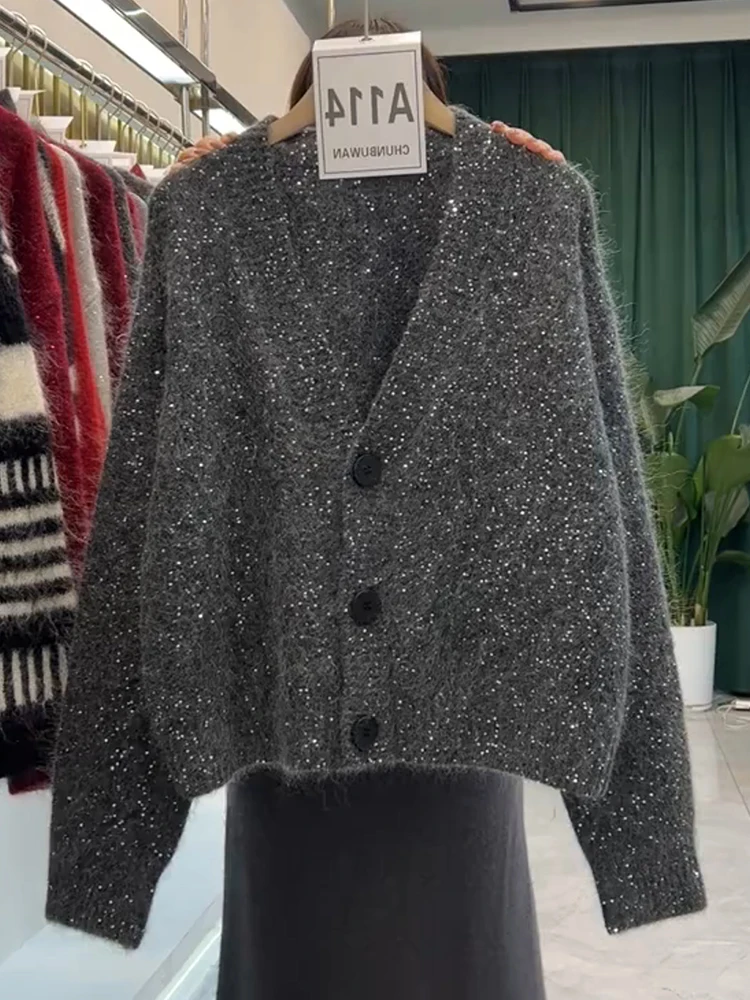 

Loose Knitted Sweater Jaet Sparkling Thin Diamond Lazy Faion Korean Sle plus Size Spring 2025 V-Ne Regular Length